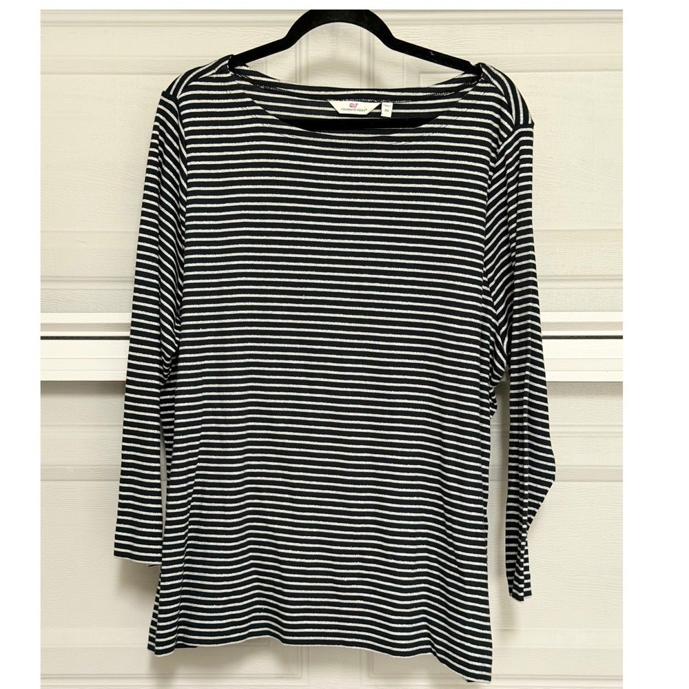 Vineyard Vines Womens 3X Navy Silver Metallic Striped Boat Neck Top Preppy EUC